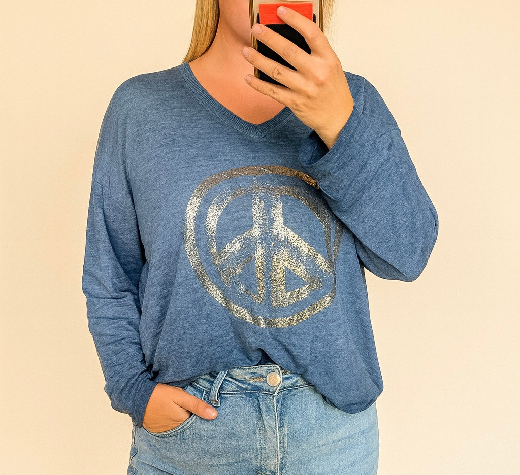 Peace sign embellished 100%cotton long sleeved top up to uk 16