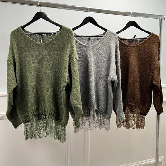 V neck lace hem knitted jumper
