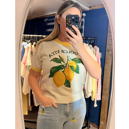 Lemon embroidered soft knit top