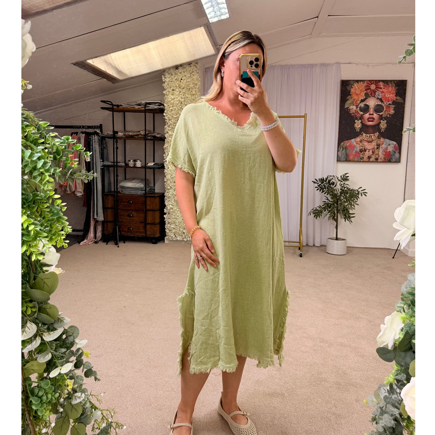 Pistachio Breeze Frayed Edge Linen Blend dress๐