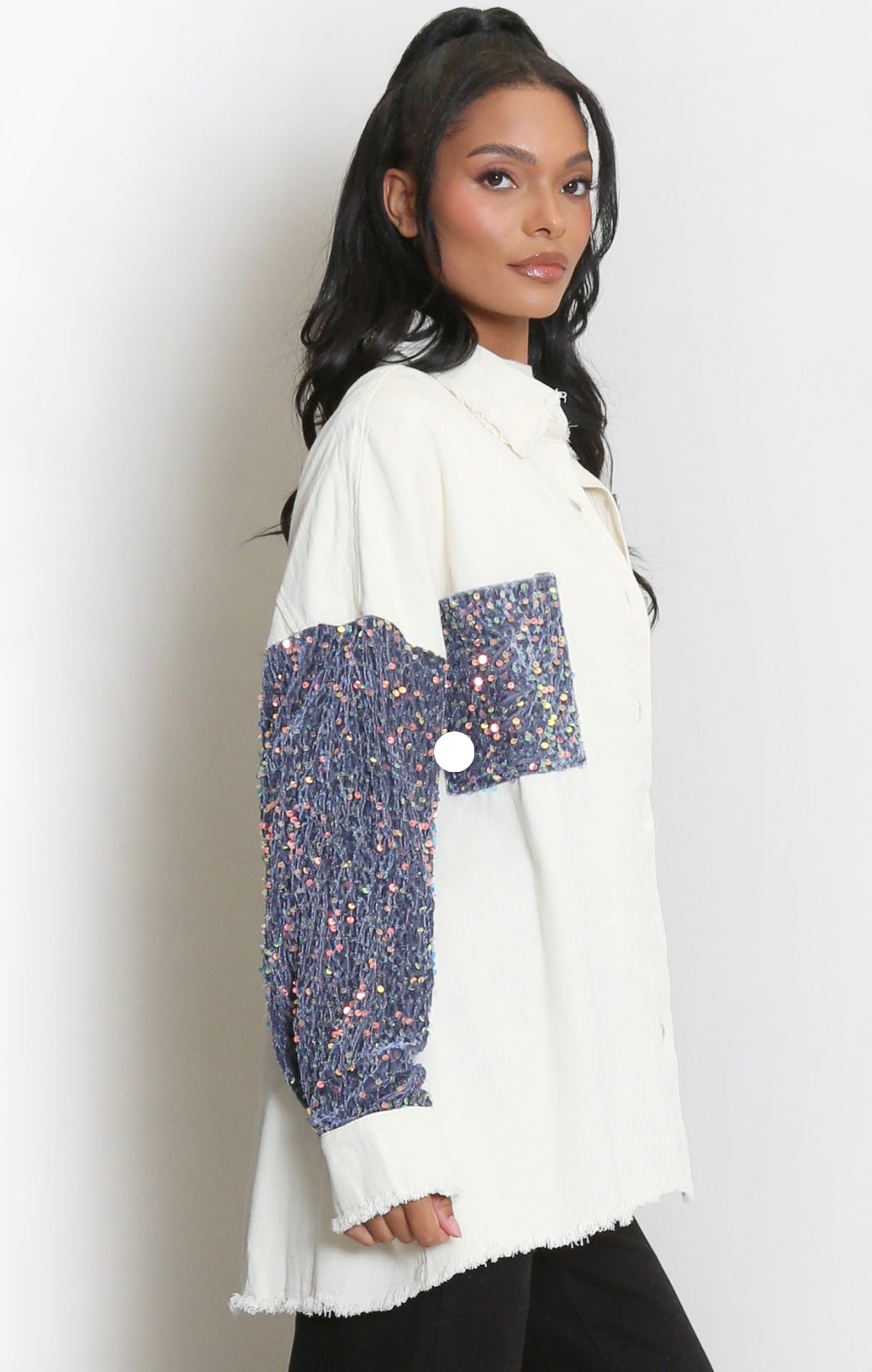 Cream Sequin sleeved denim shacket