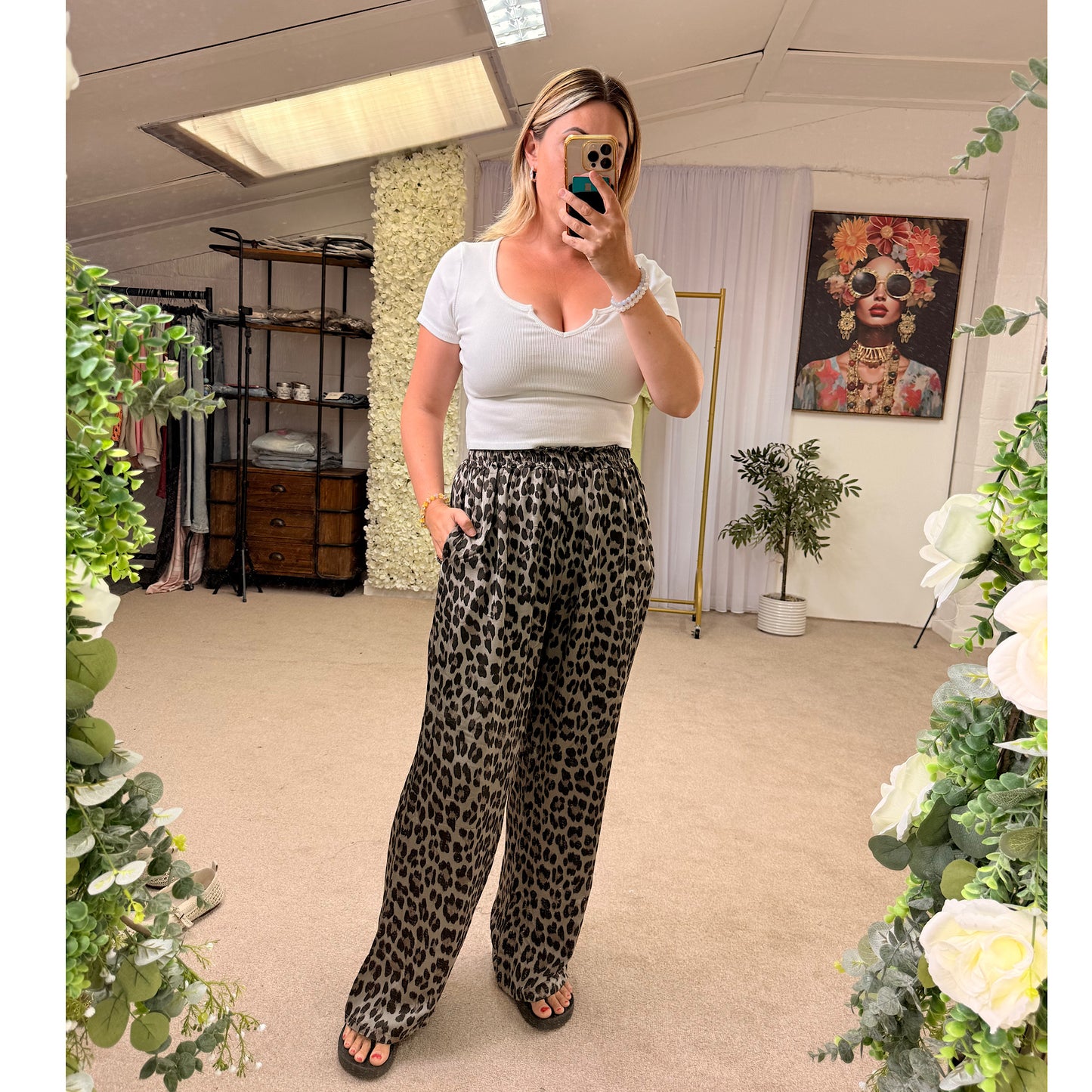 Luna Luxe Silk Feel Leopard Wide Leg Trousers