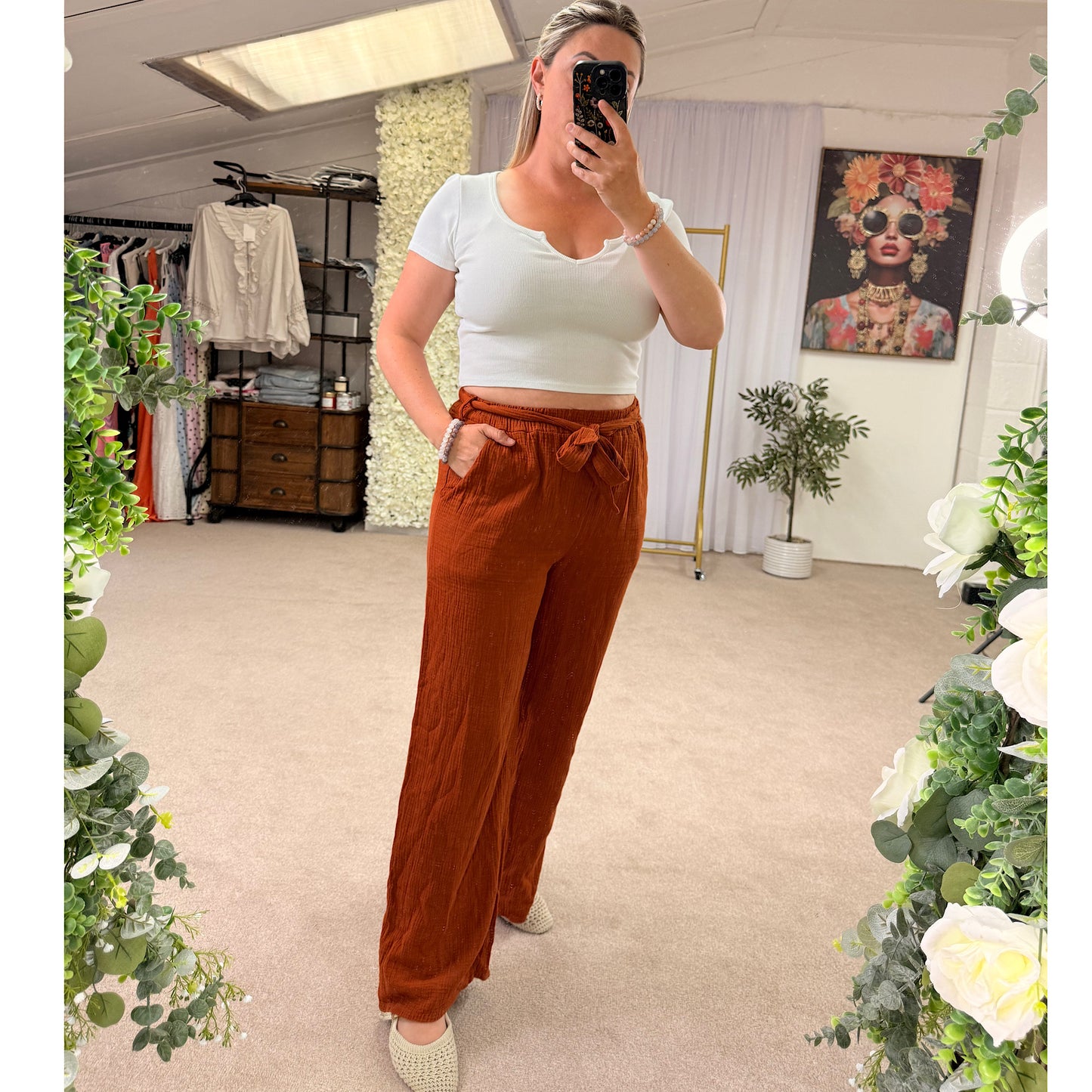 Terracotta Wide-leg gauze cotton pants with pockets