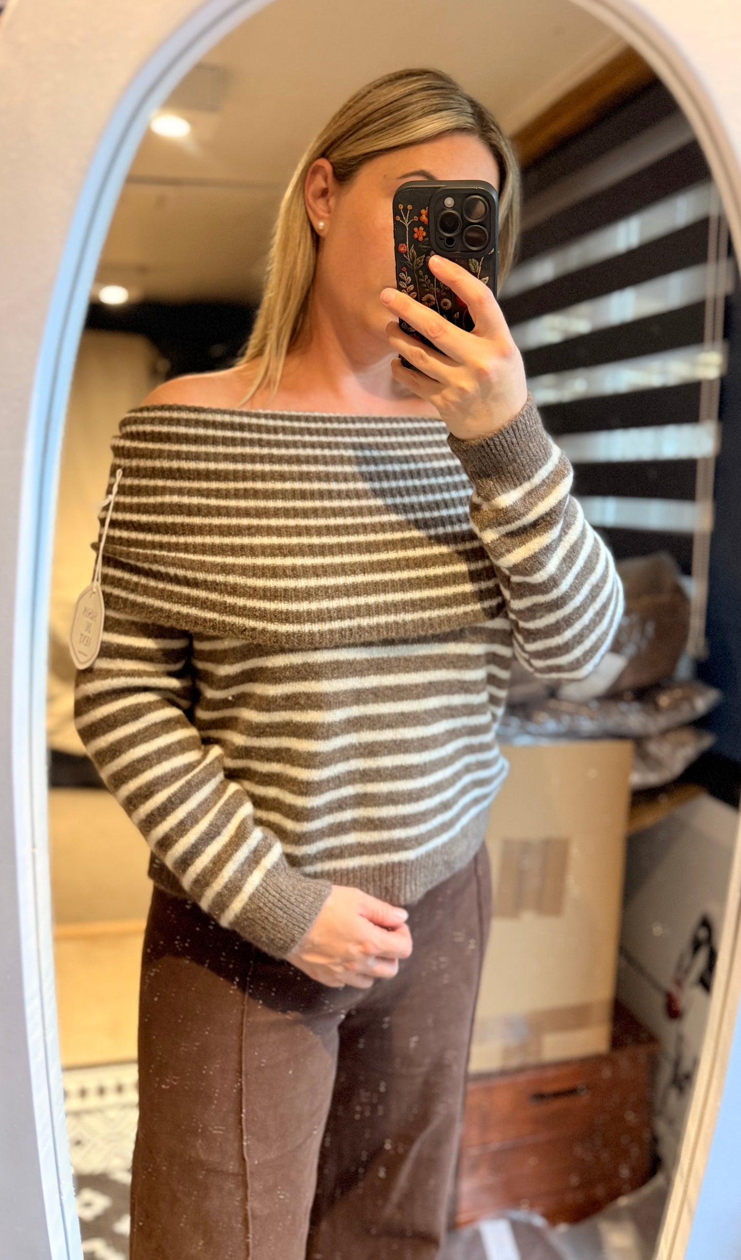 Offshoulder striped knit tops
