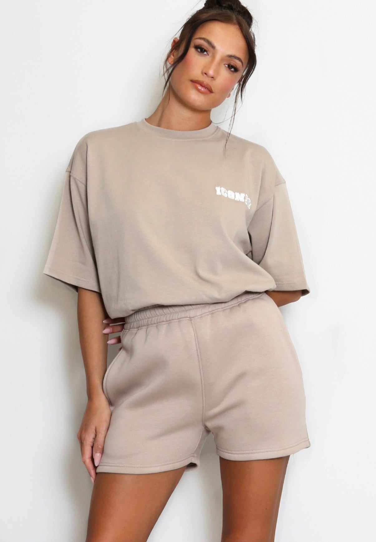 Beige Luxe relaxed fit shorts and t-shirt