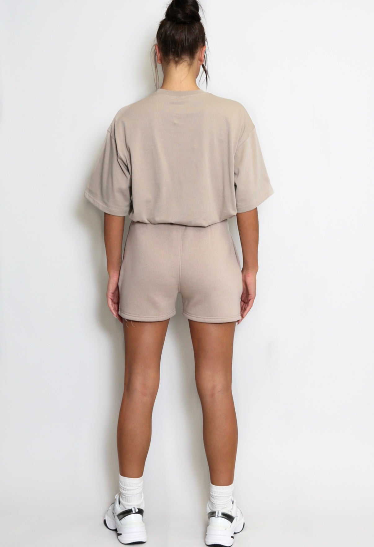 Beige Luxe relaxed fit shorts and t-shirt