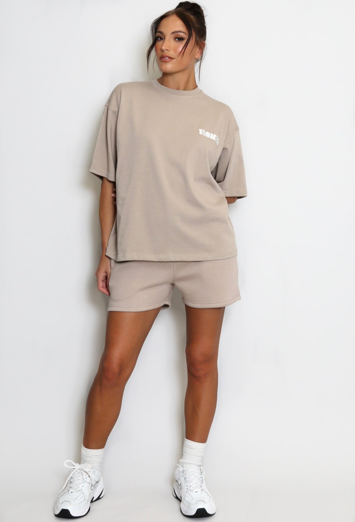 Beige Luxe relaxed fit shorts and t-shirt