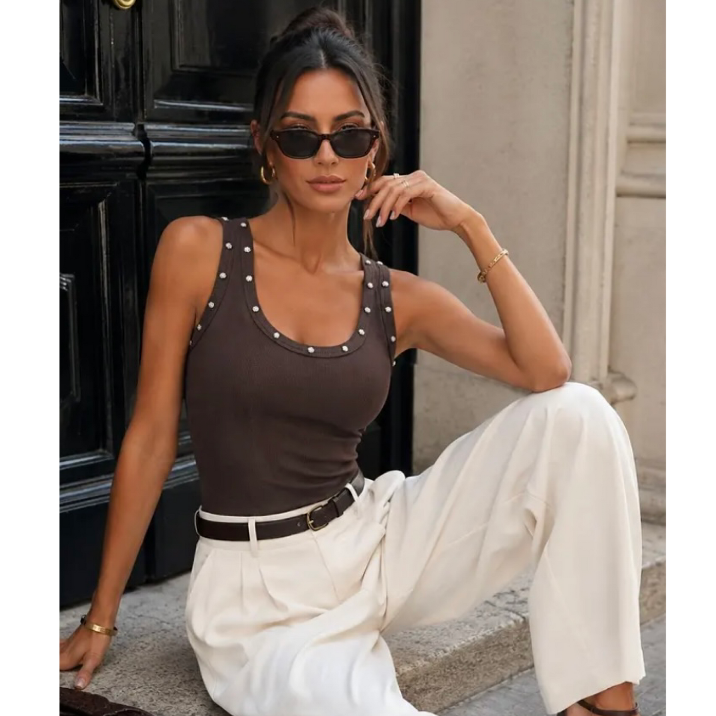 Chocolate tank top with floral studs