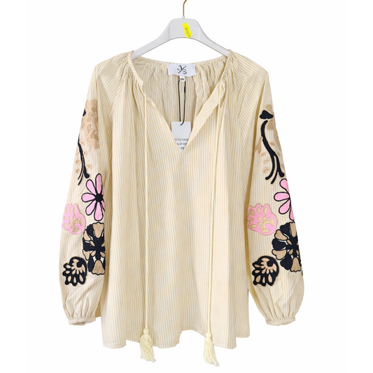 Boho luxe Embroidered sleeve front tie blouse
