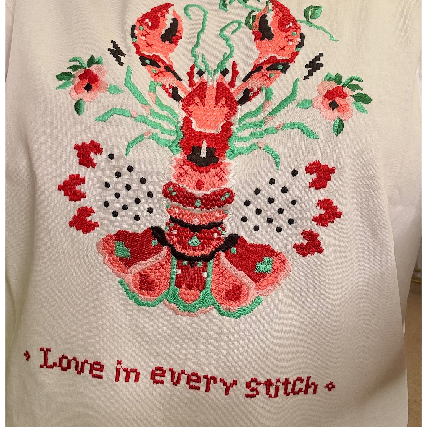 Love in every stitch embroidered white t-shirt