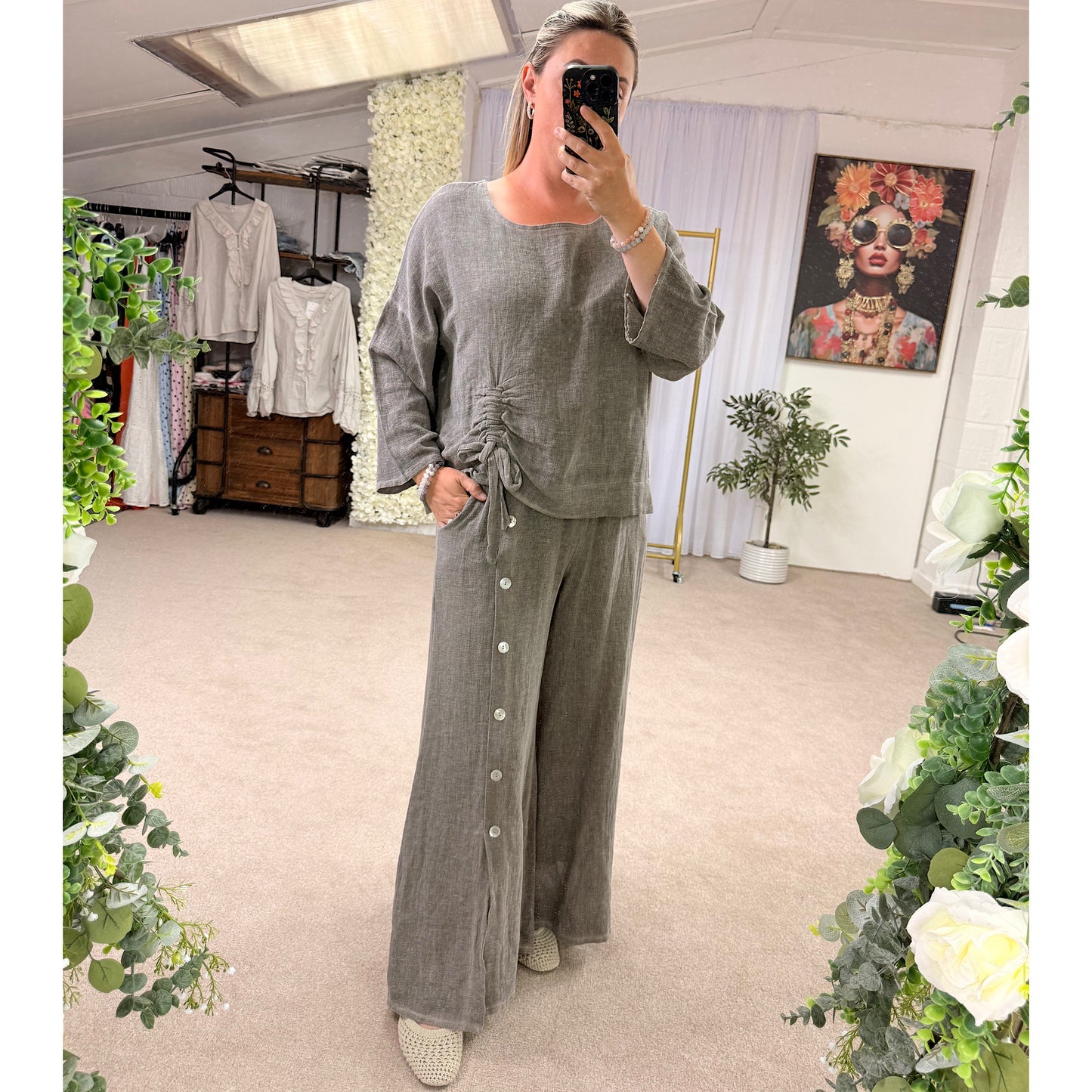 Premium Washed linen wide leg side button trousers