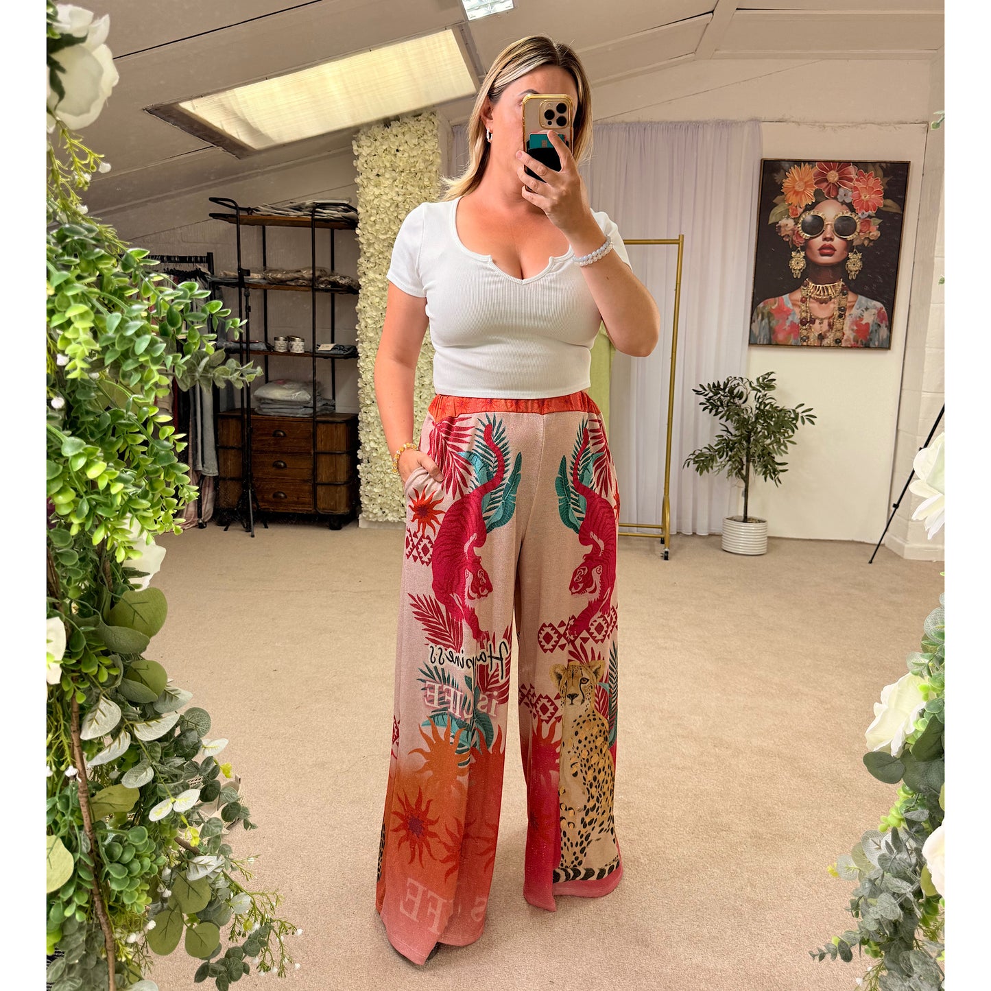 Savannah Shimmer Wide Leg Trousers – Tropical Print