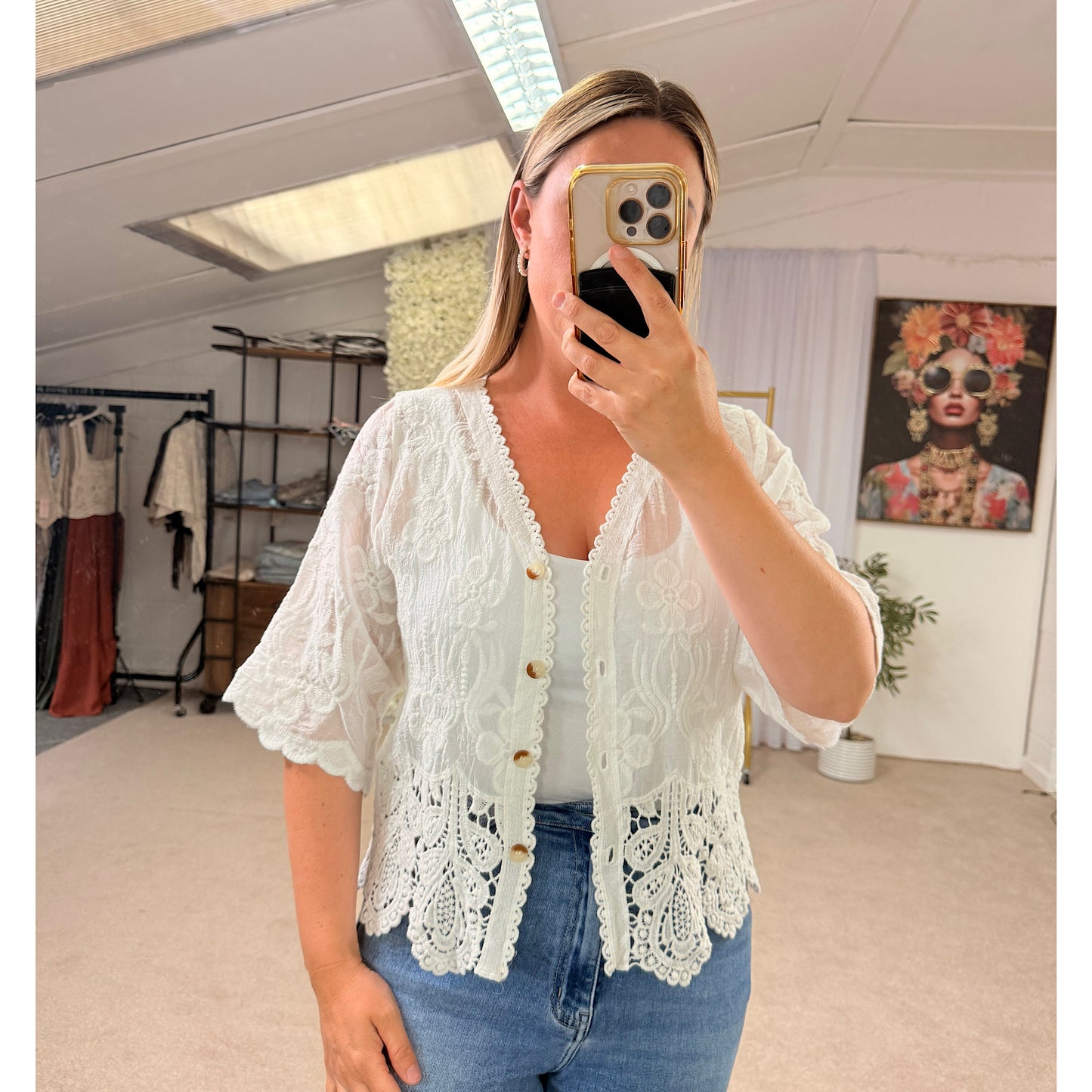 White crochet button cardigan/top