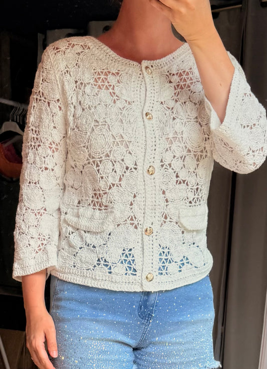 Alana crochet button up knit cardigan