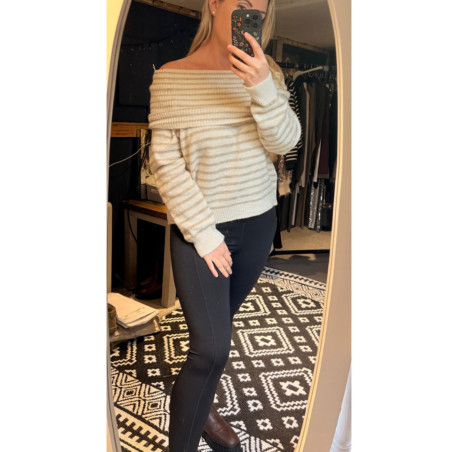 Offshoulder striped knit tops