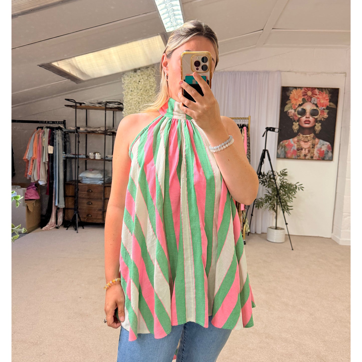 Halter neck striped bow back top