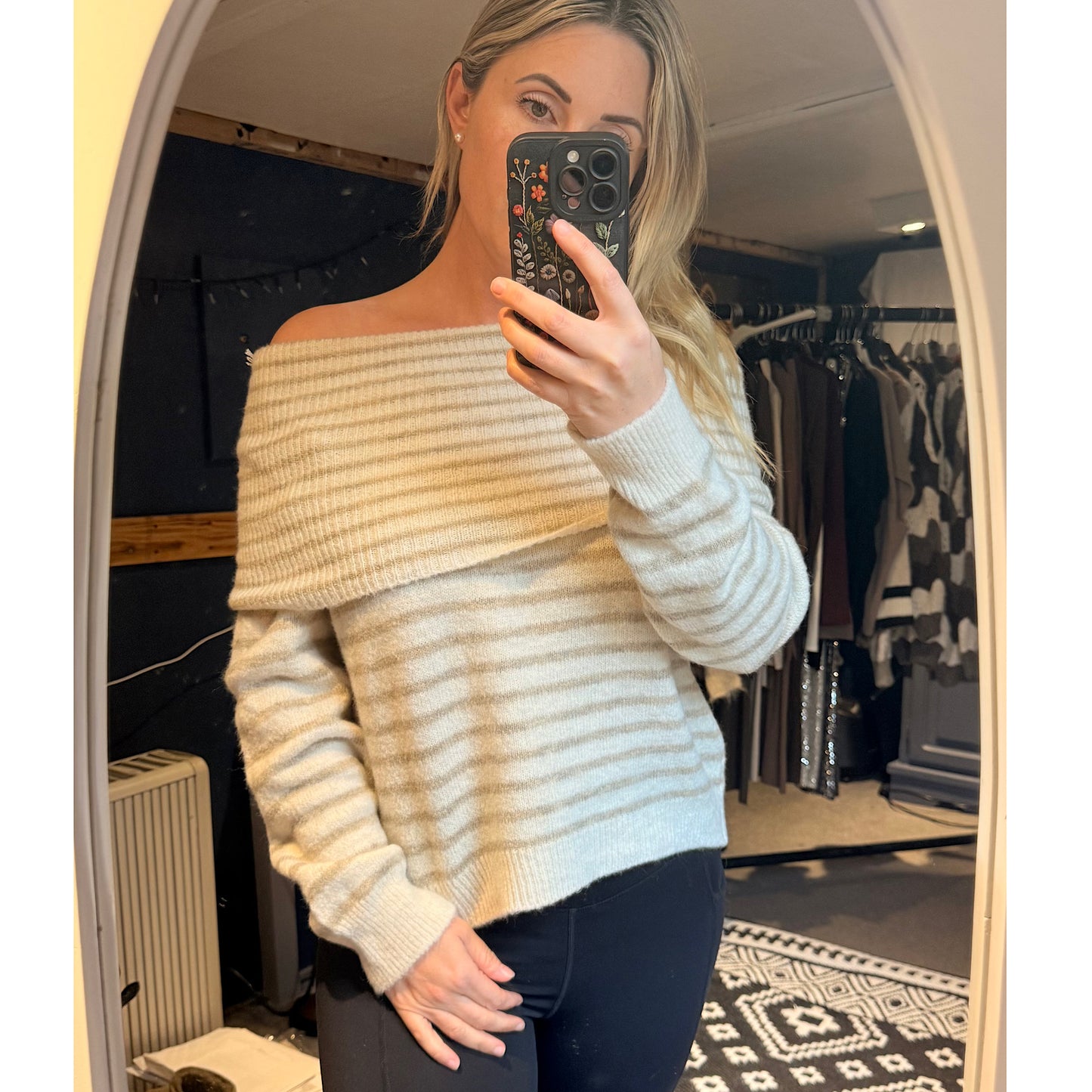 Offshoulder striped knit tops