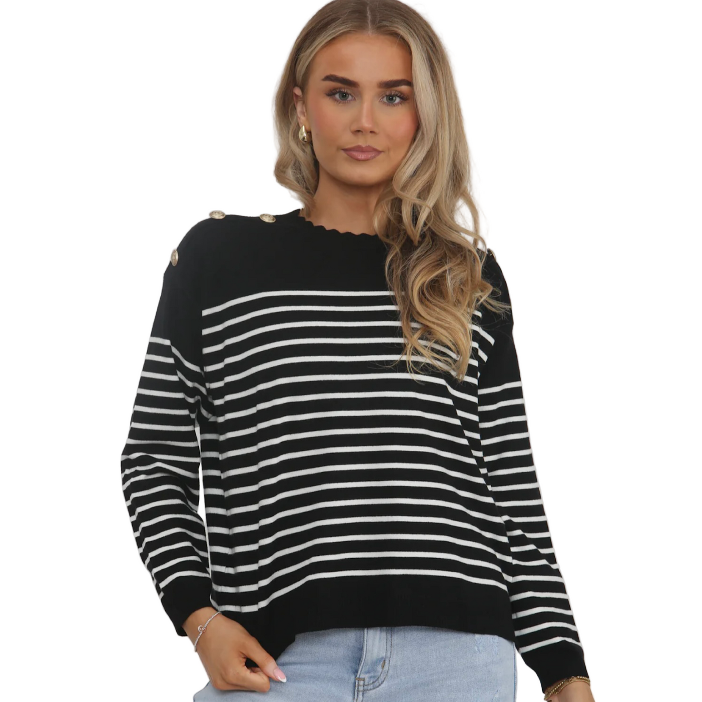 Shoulder gold buttoned striped jumper