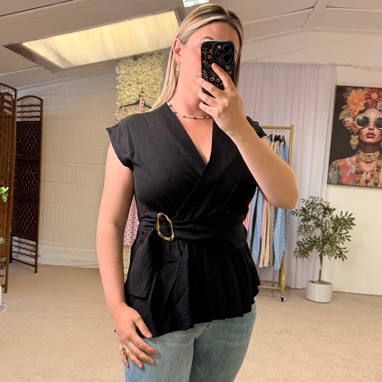 Wrap tops with gold buckle detail