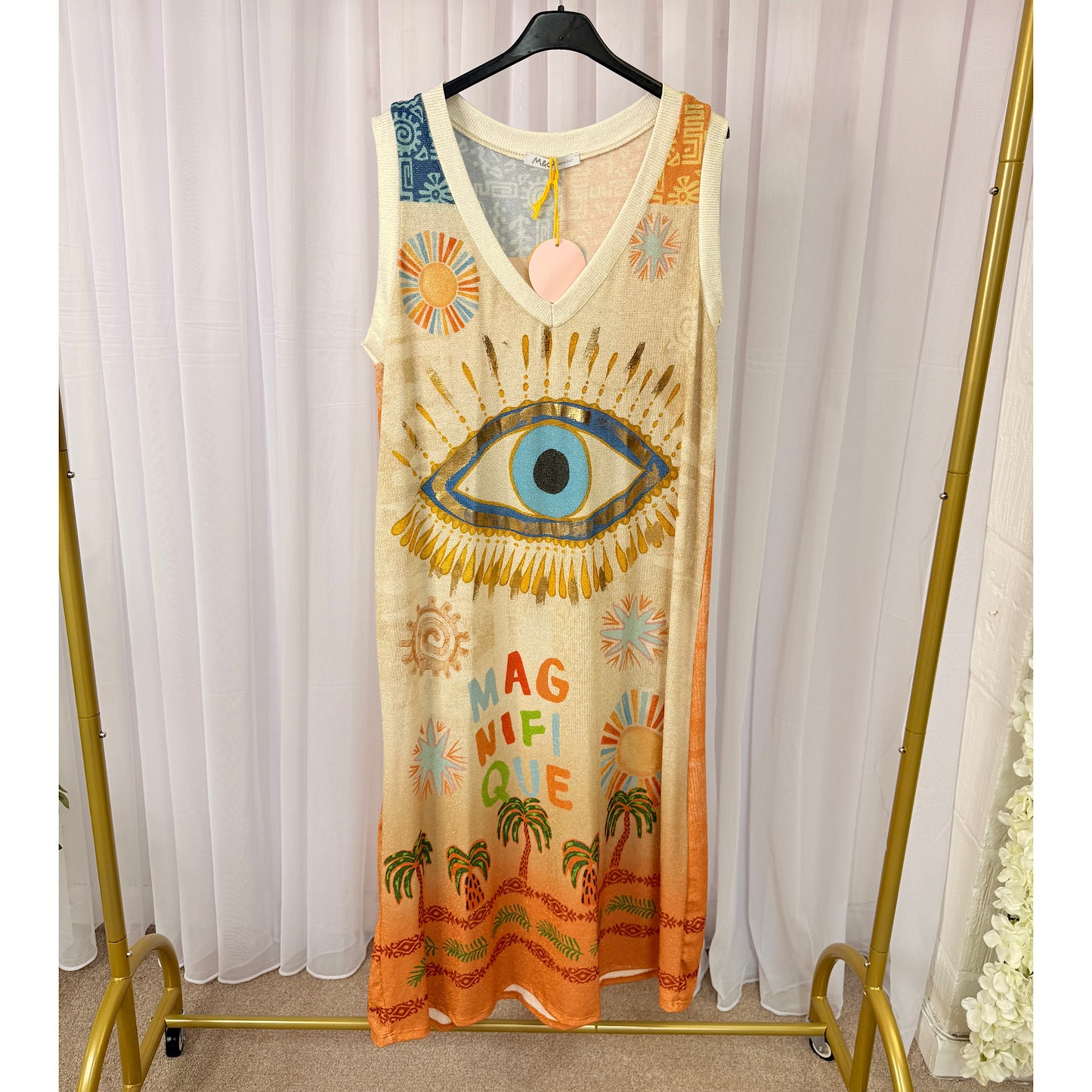 Evil Eye Shimmer Maxi Dress – Sunset Glow ☀️