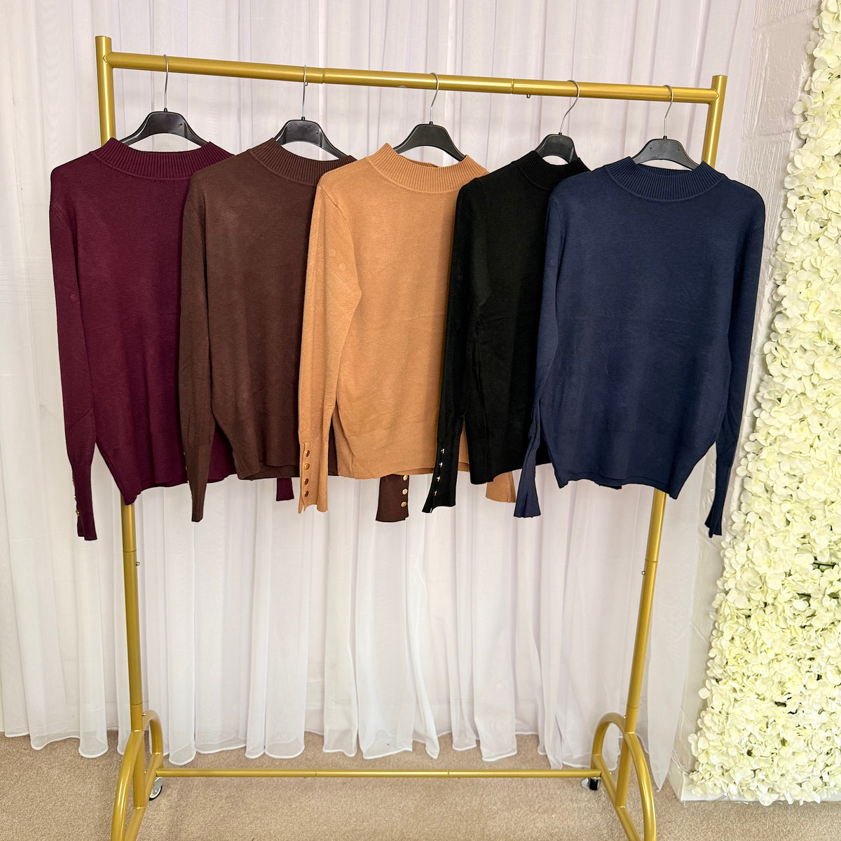 Long sleeeved Gold Button Turtle Neck Fine Knit tops