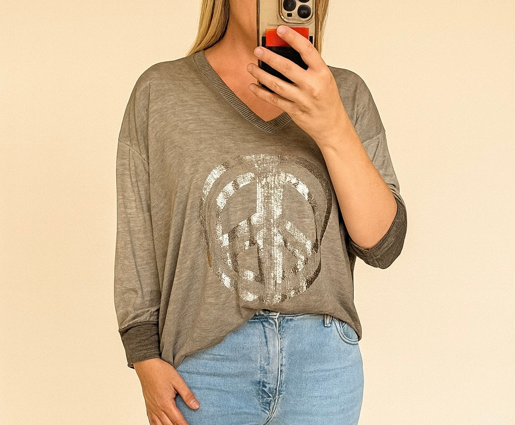 Peace sign embellished 100%cotton long sleeved top up to uk 16