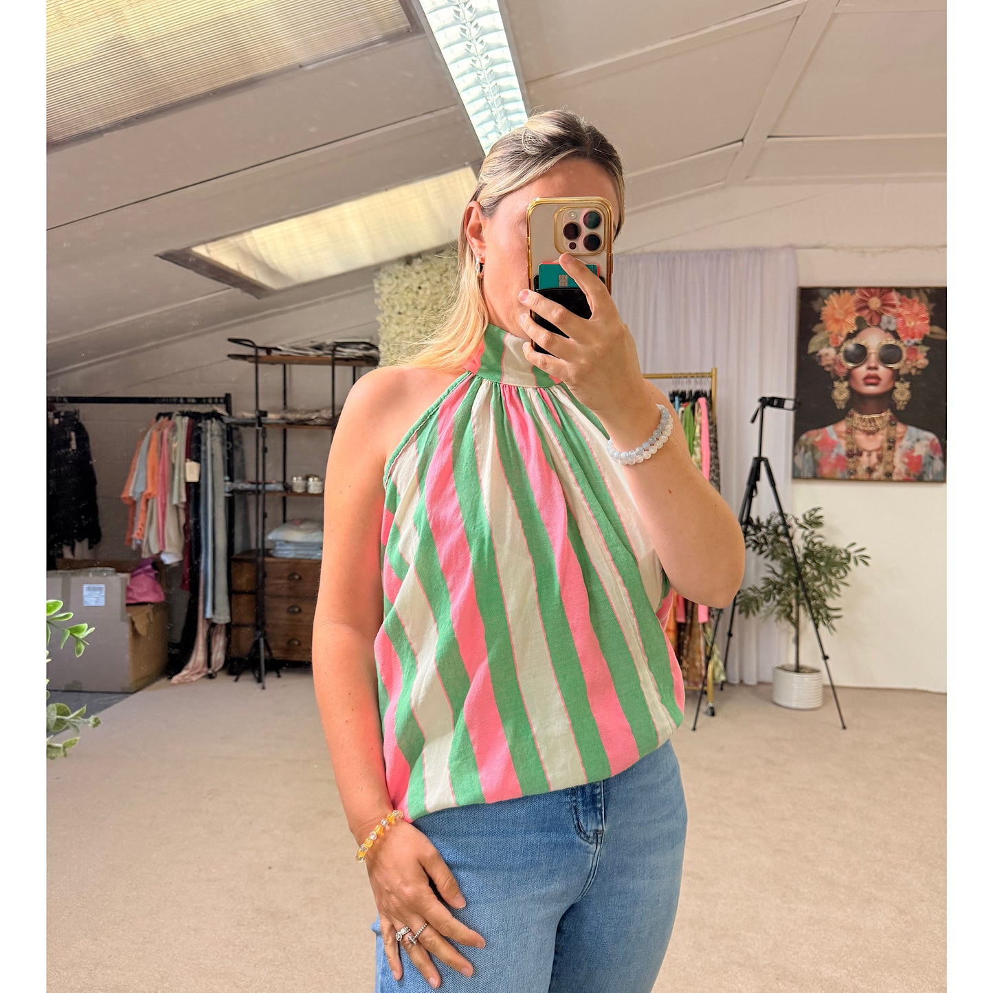 Halter neck striped bow back top