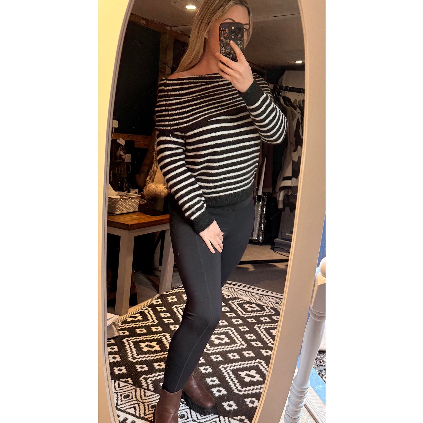 Offshoulder striped knit tops