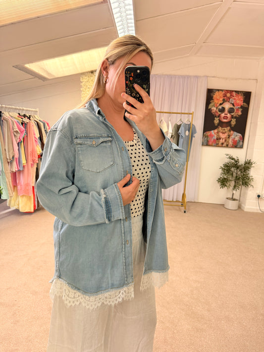 Luxury oversized long denim shirt with lace trim