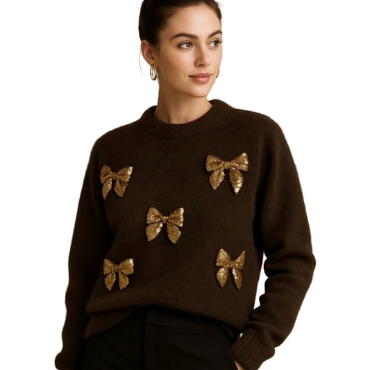 Sequin bow jumpers- chocolate