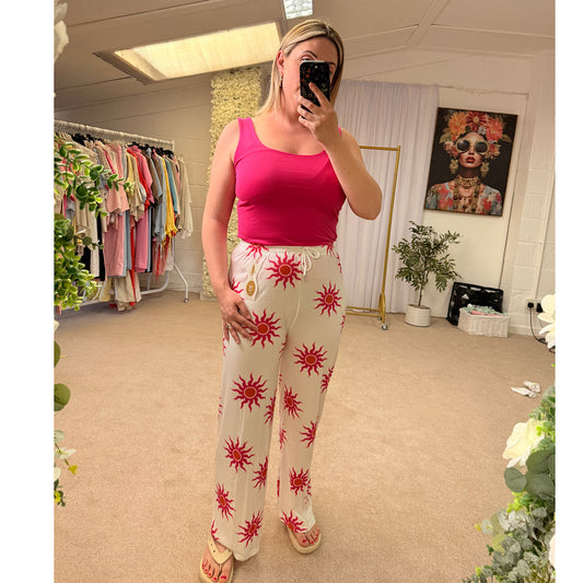 Sun print ribbed lightweight trousers