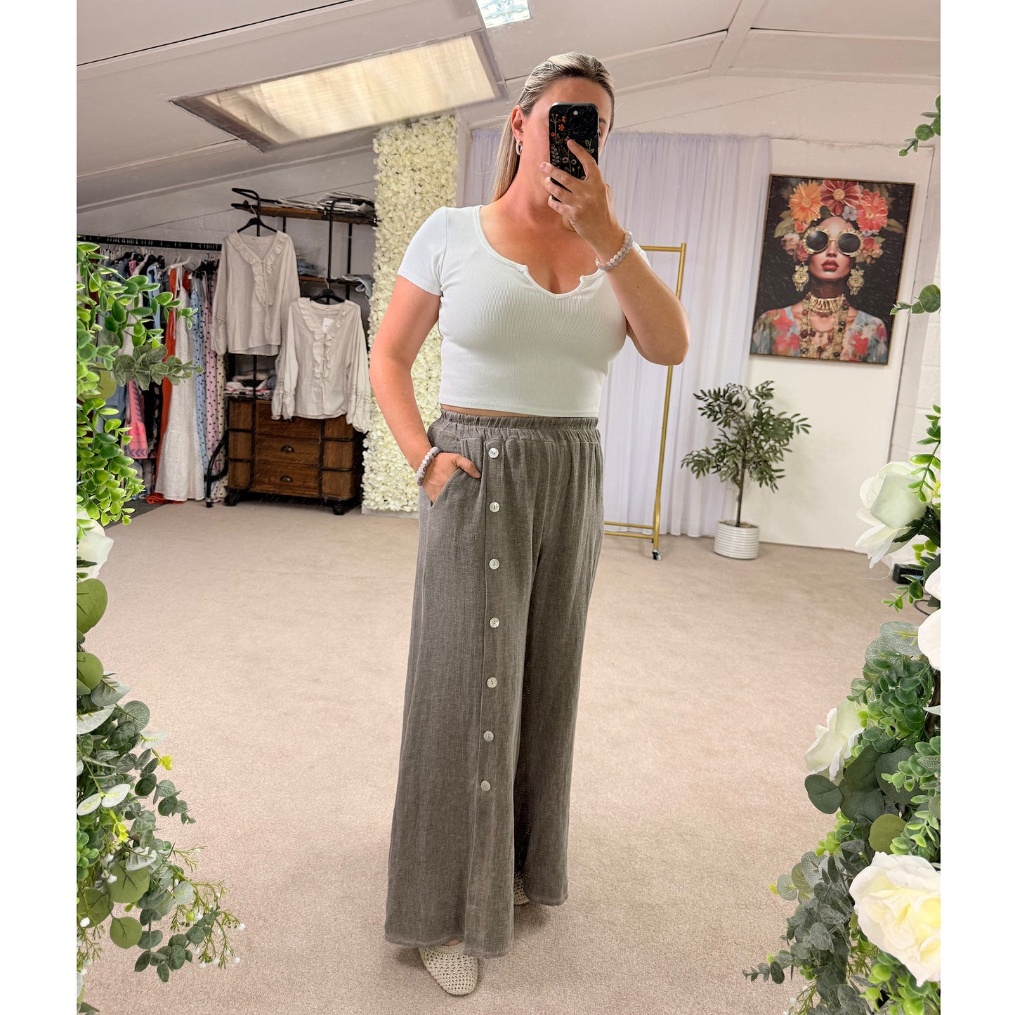 Premium Washed linen wide leg side button trousers