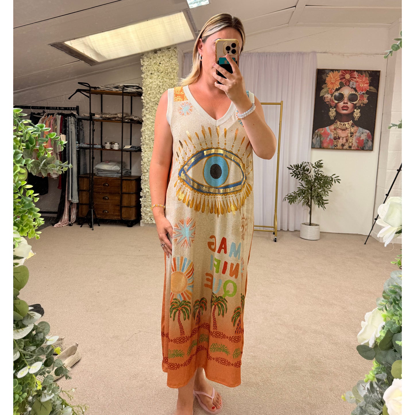 Evil Eye Shimmer Maxi Dress – Sunset Glow ☀️