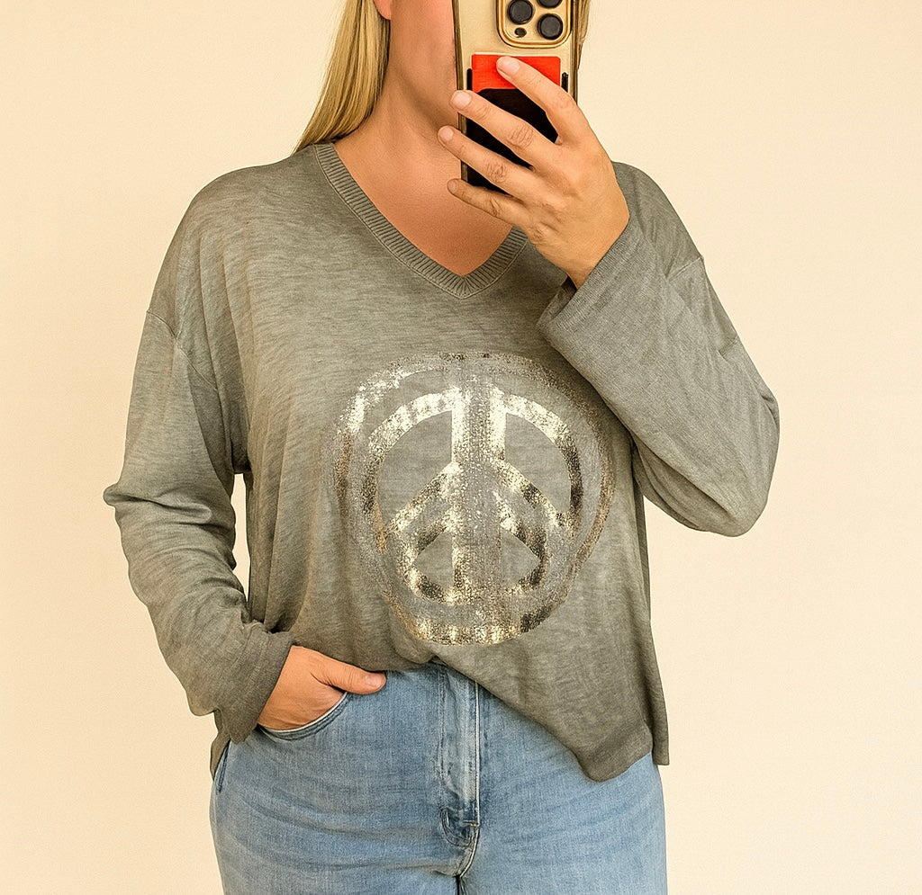 Peace sign embellished 100%cotton long sleeved top up to uk 16