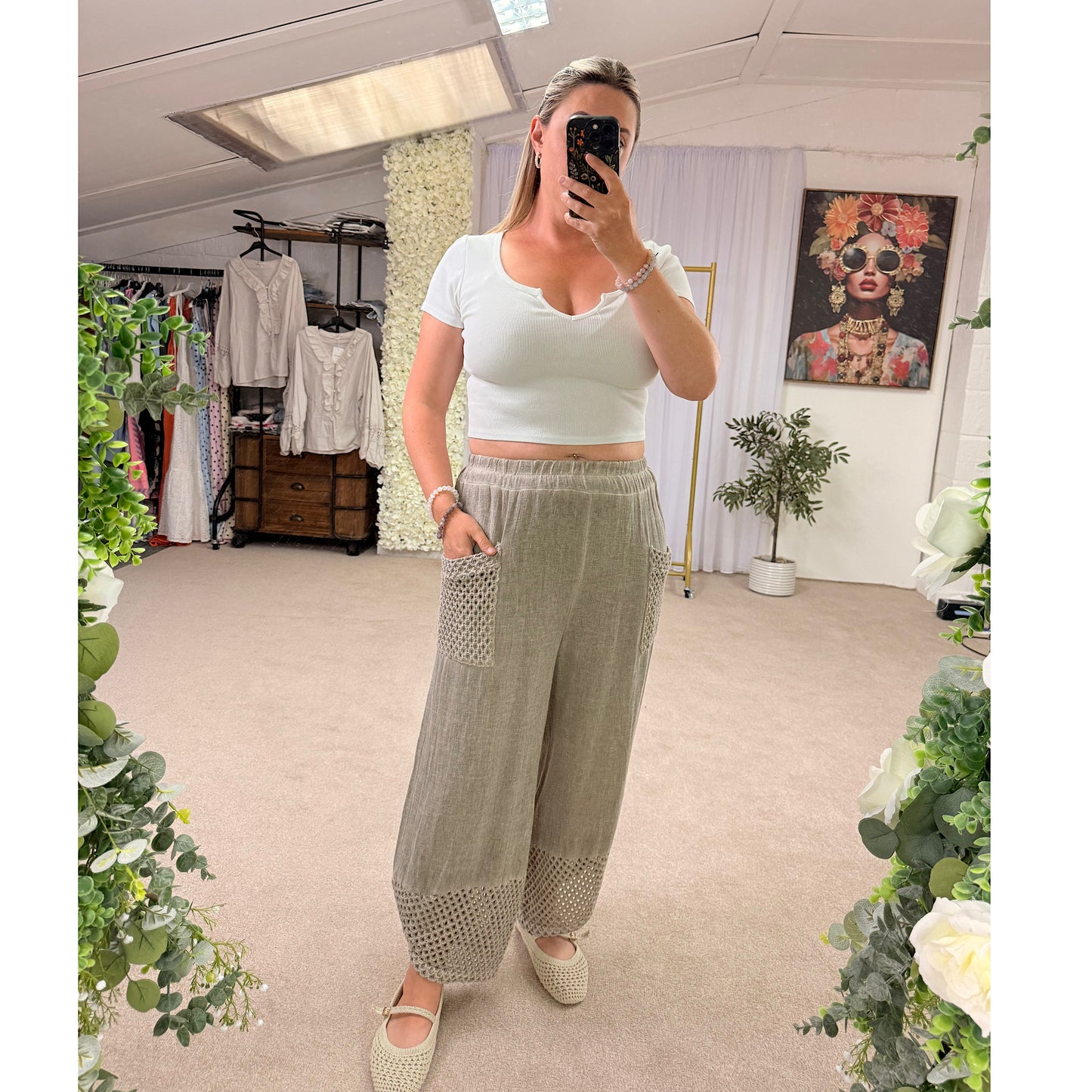 Premium washed linen mesh pocket trousers
