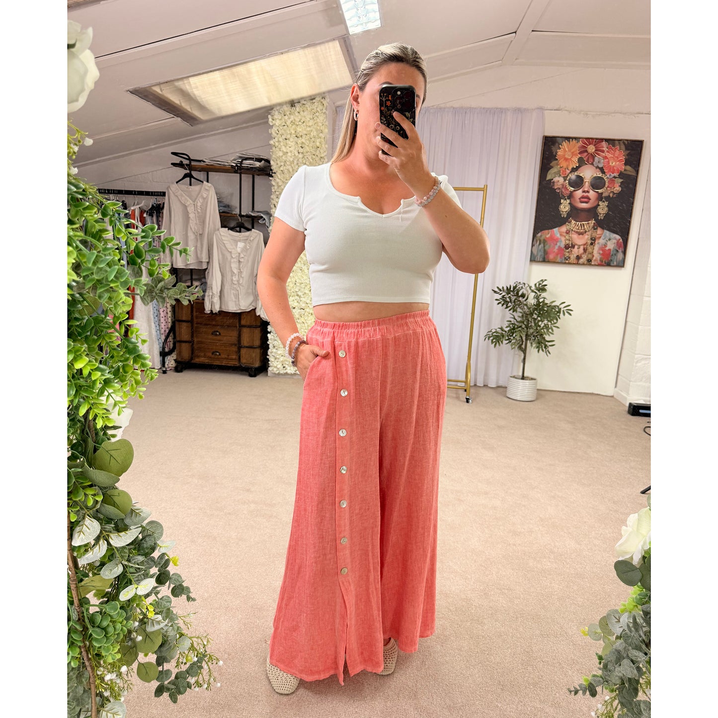Premium Washed linen wide leg side button trousers