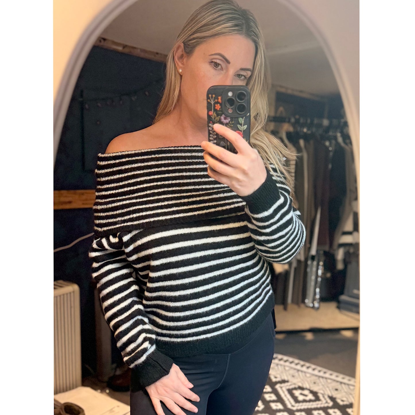 Offshoulder striped knit tops