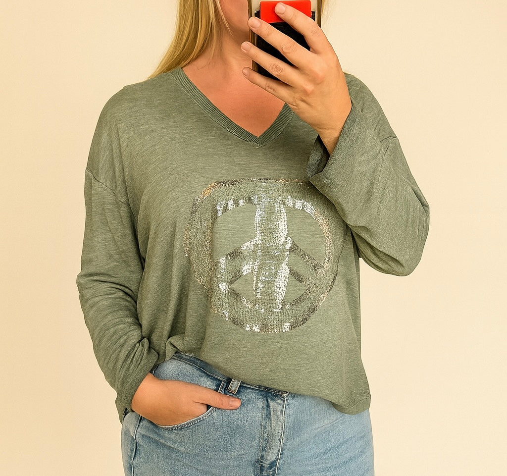 Peace sign embellished 100%cotton long sleeved top up to uk 16