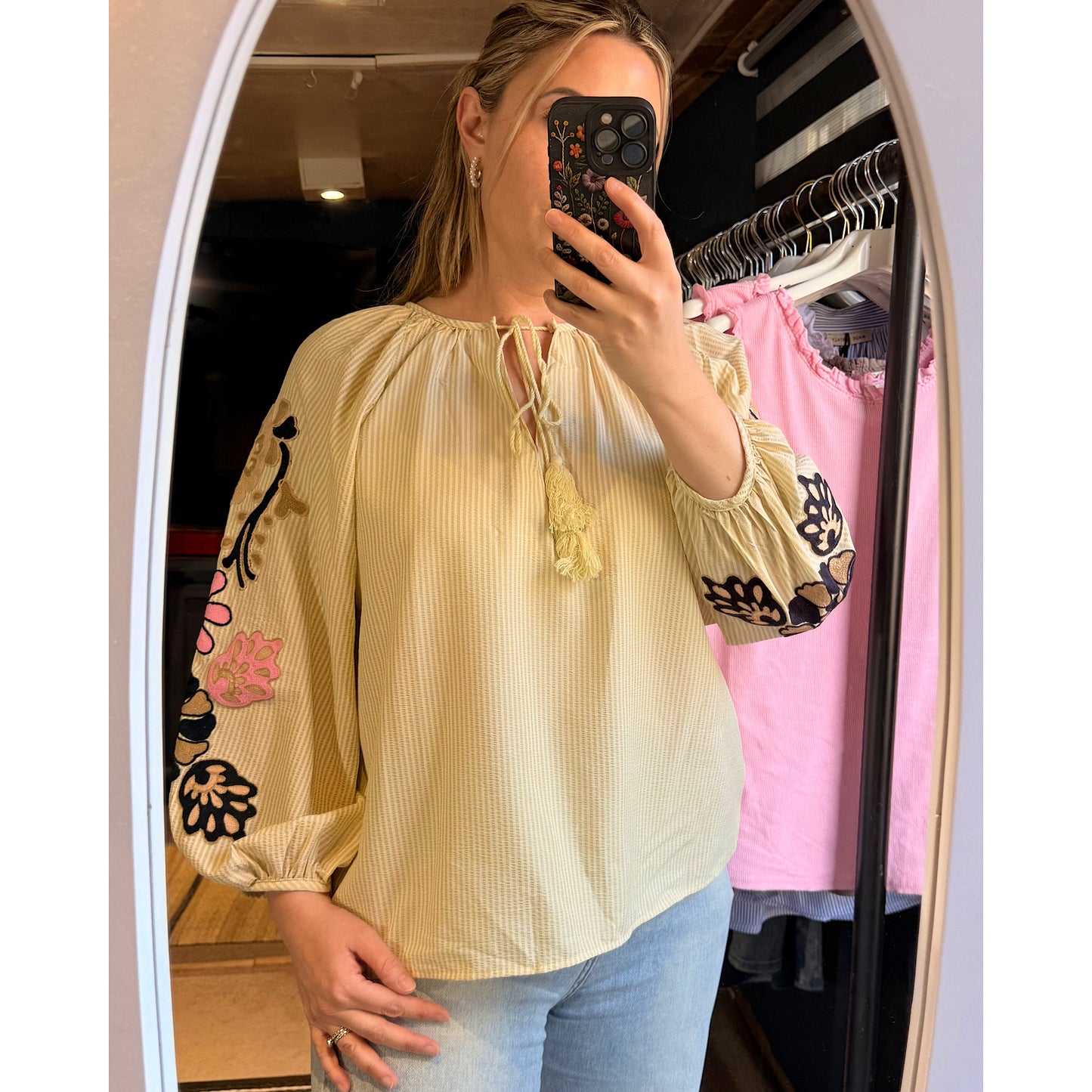 Boho luxe Embroidered sleeve front tie blouse