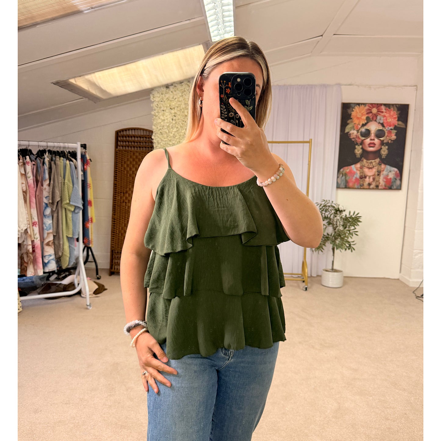 Khaki Tiered ruffle sleeveless camisole
