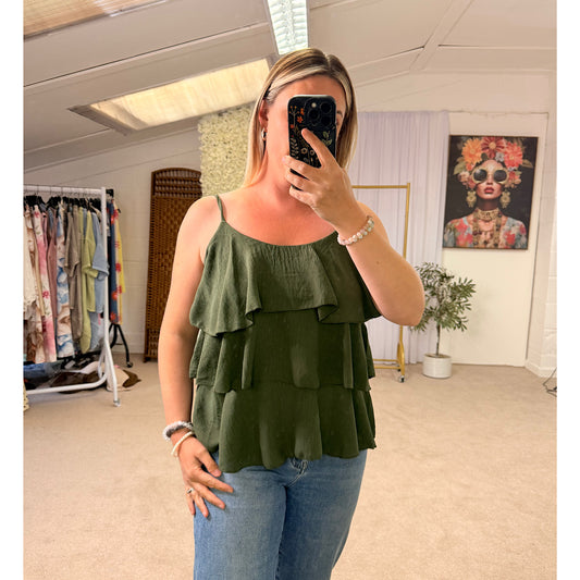 Khaki Tiered ruffle sleeveless camisole