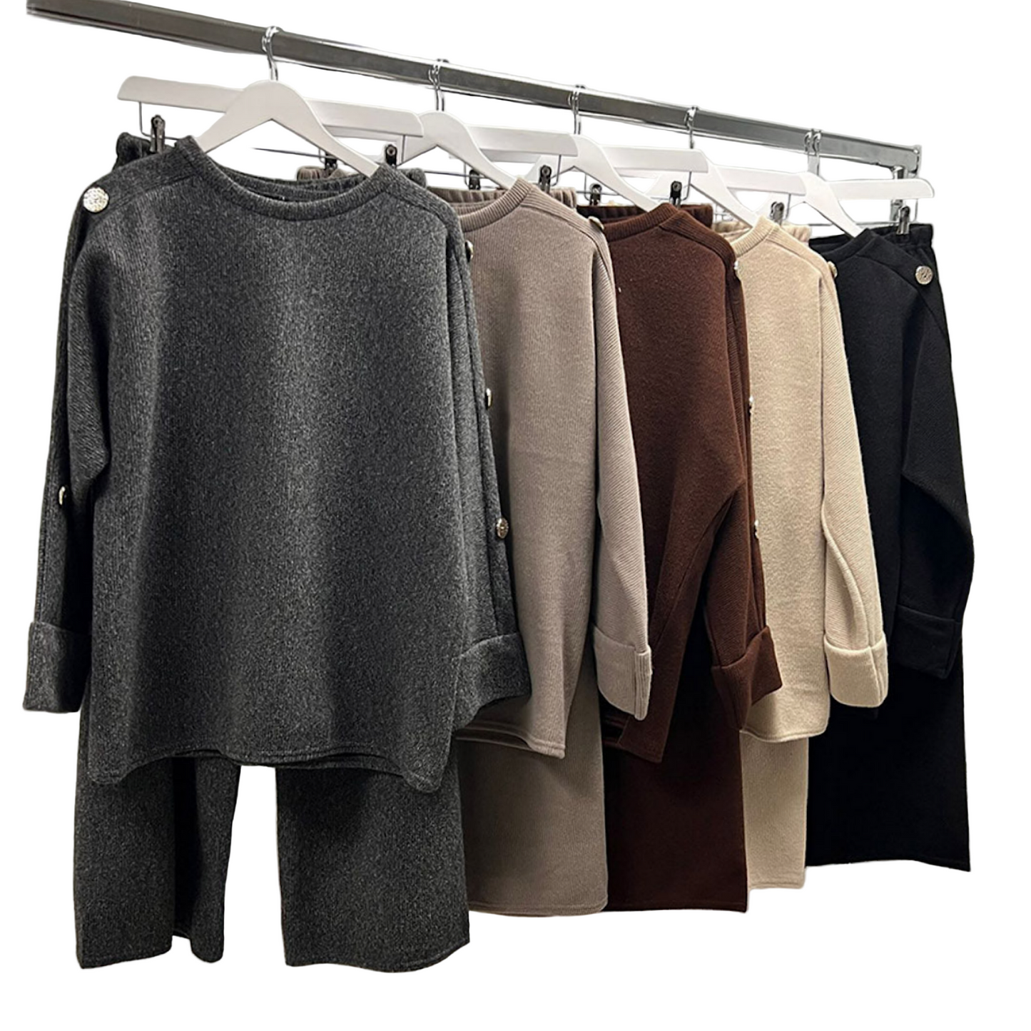 Oversized , long-sleeve Co ords with wide-legged pants & metallic buttons details in taupe