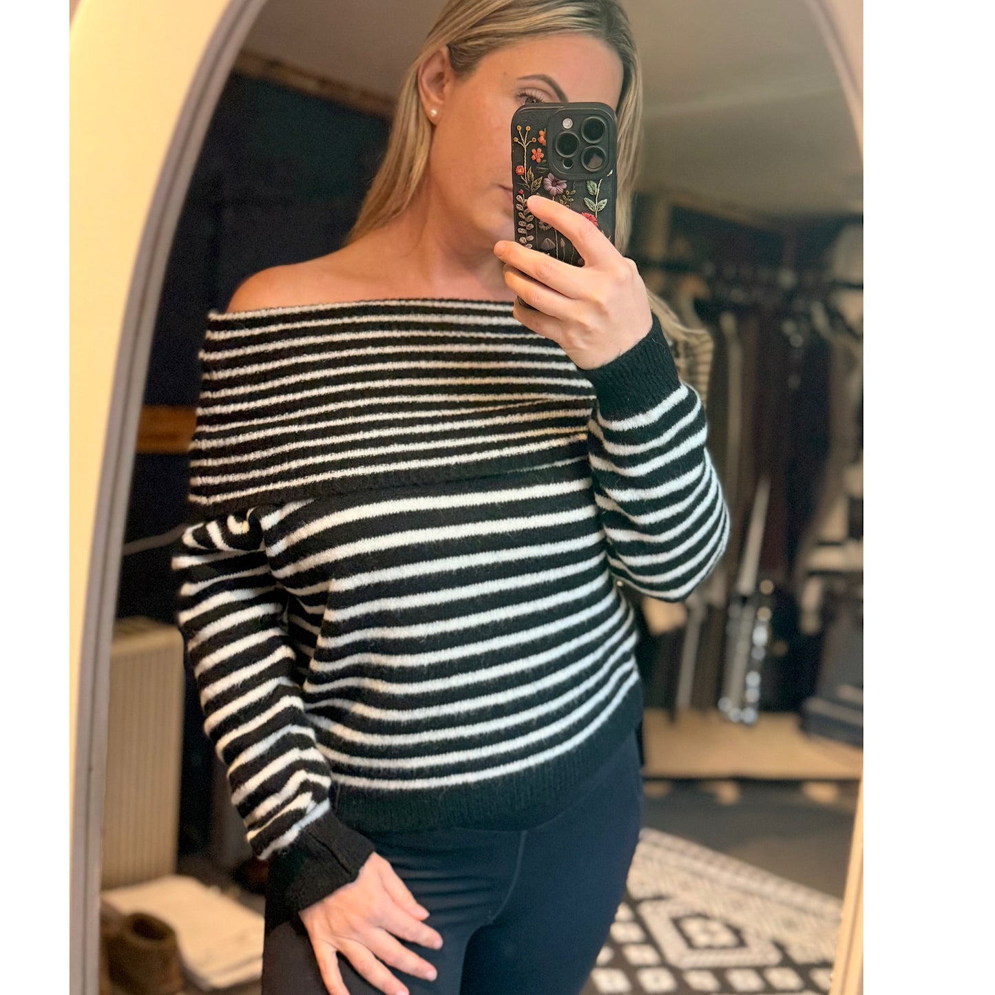 Offshoulder striped knit tops