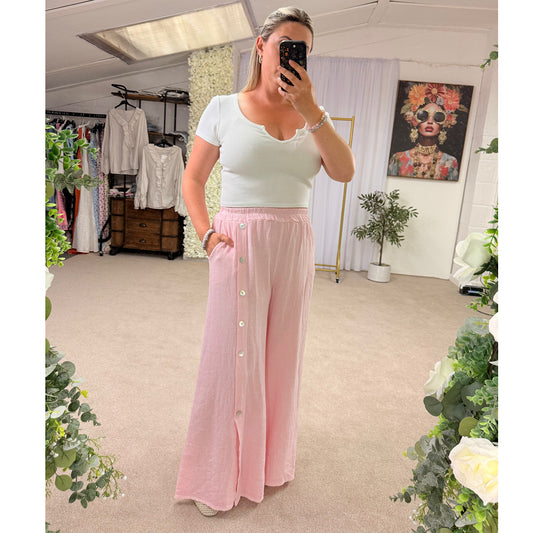 Premium Washed linen wide leg side button trousers