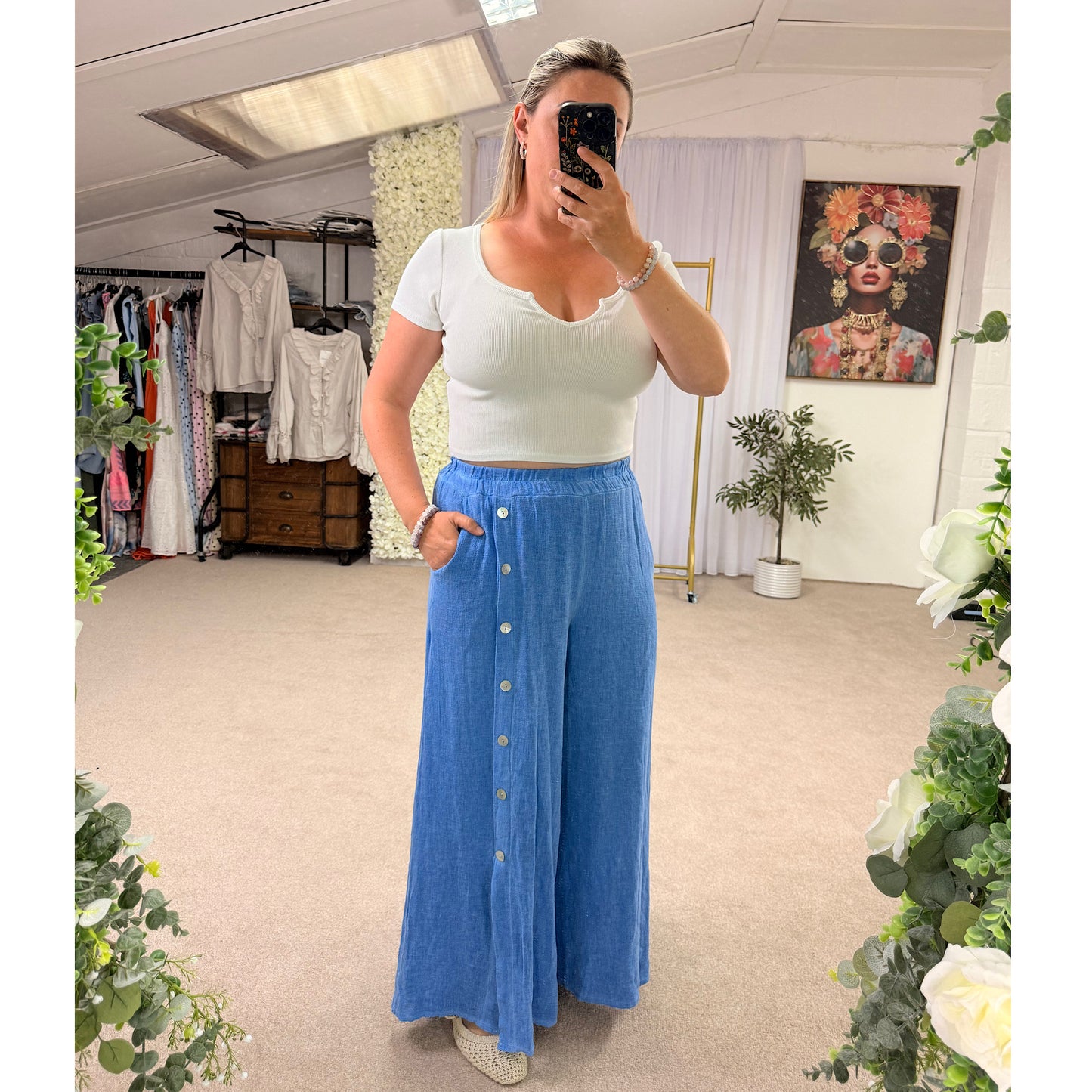 Premium Washed linen wide leg side button trousers
