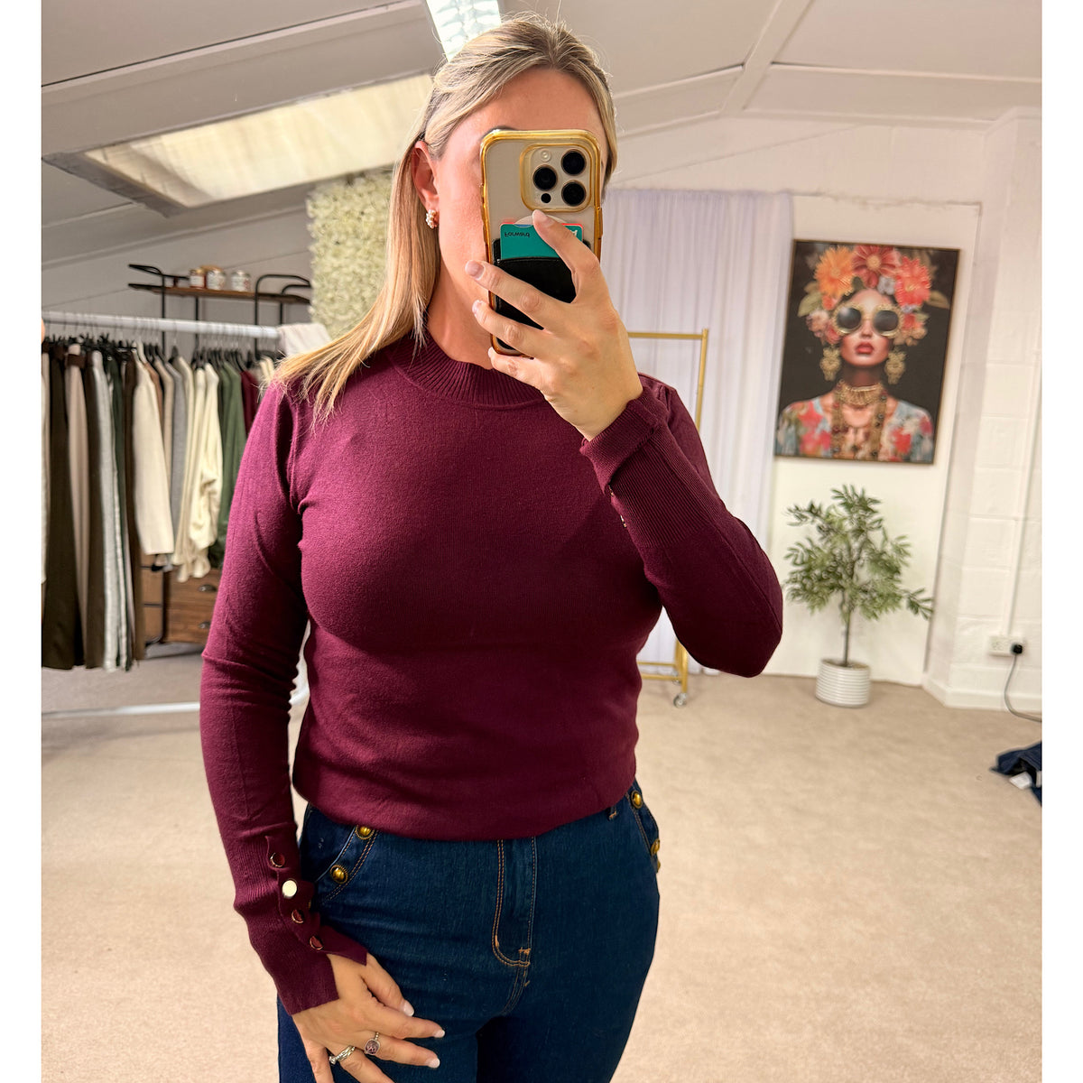 Long sleeeved Gold Button Turtle Neck Fine Knit tops