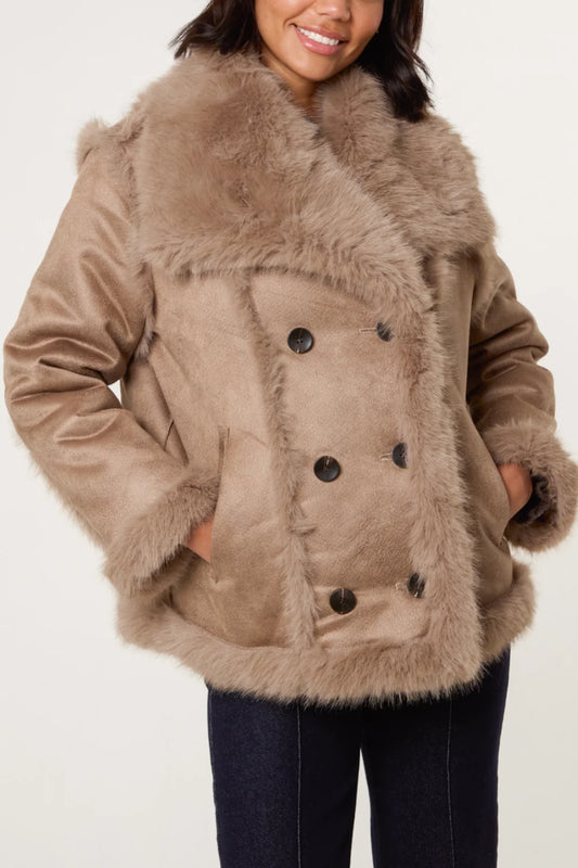 Reversible button faux fur coat -camel