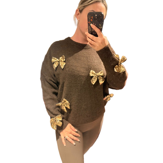 Sequin bow jumpers- chocolate