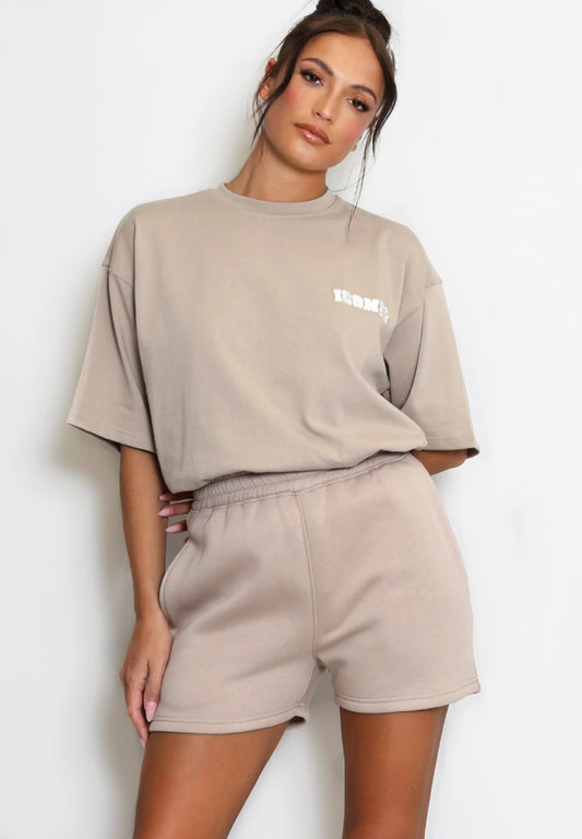 Beige Luxe relaxed fit shorts and t-shirt