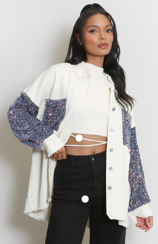Cream Sequin sleeved denim shacket
